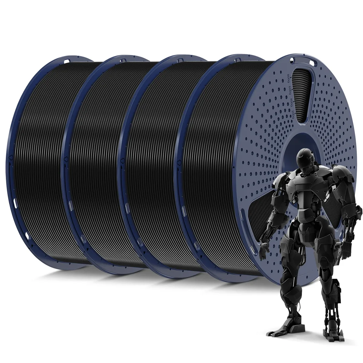 Four black 1kg PLA filament spools vacuum sealed in a bundle