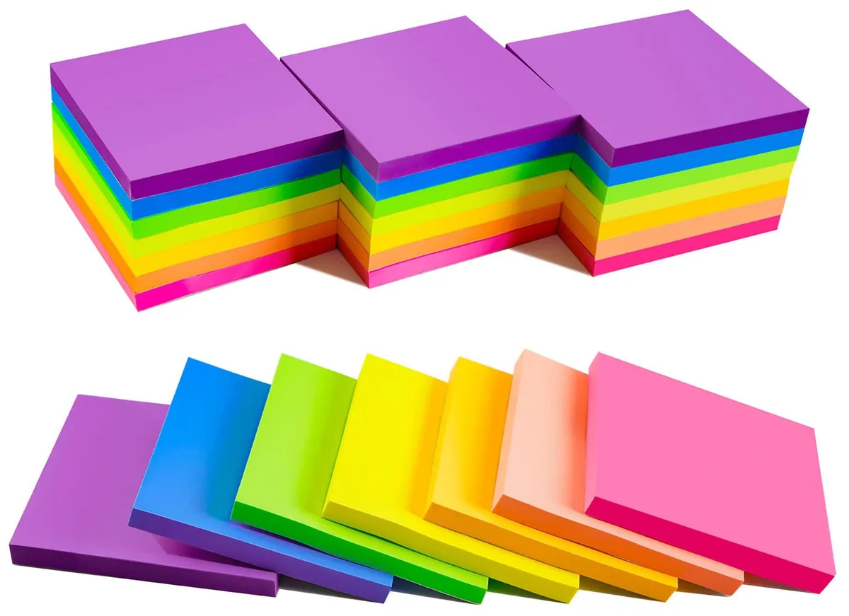 28 square sticky-note pads in seven bright colours, 3 by 3 inches