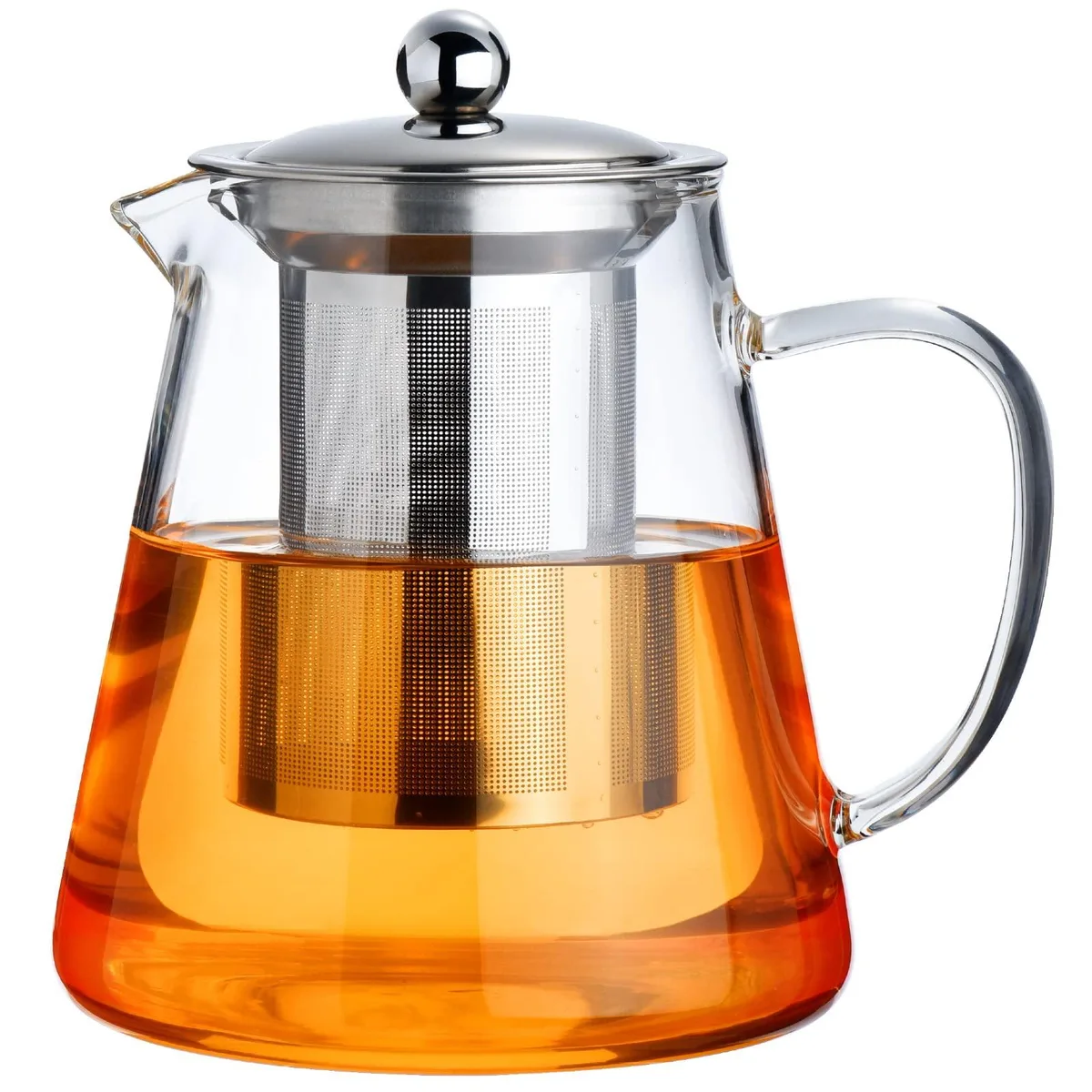Clear borosilicate glass teapot with stainless steel infuser, eagle-beak spout, 18.6 oz capacity