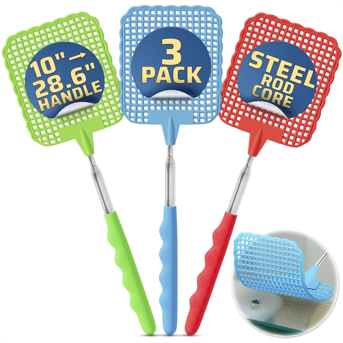 3 Pack Telescoping Fly Swatter 28.6" Stainless Steel Handle — product photo