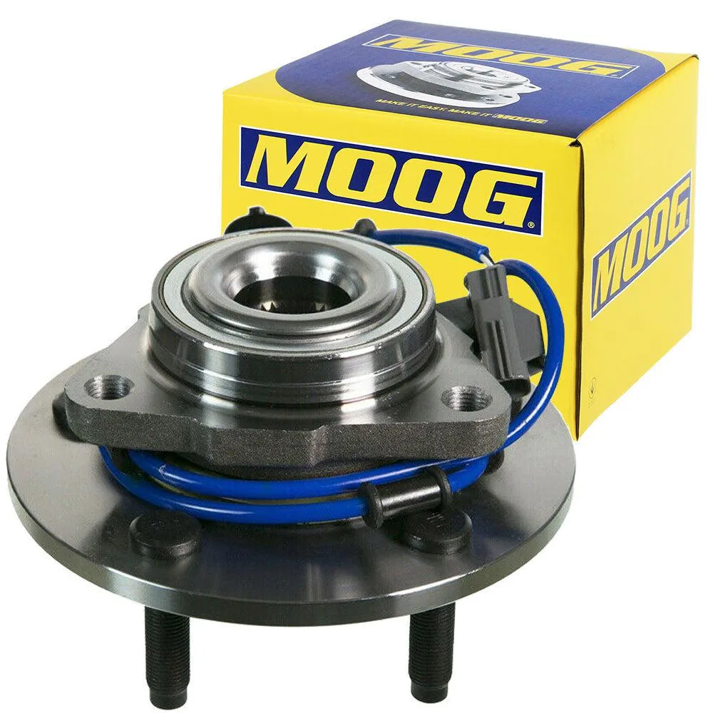 Black steel front wheel hub assembly with five lug bolts and ABS sensor wiring