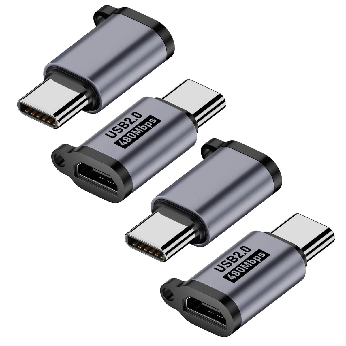 Four small grey adapters with micro USB female and USB C male ends