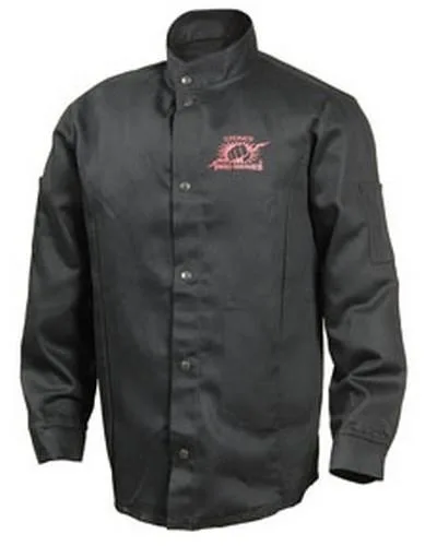 Black cotton welding jacket with mandarin collar and snap closures