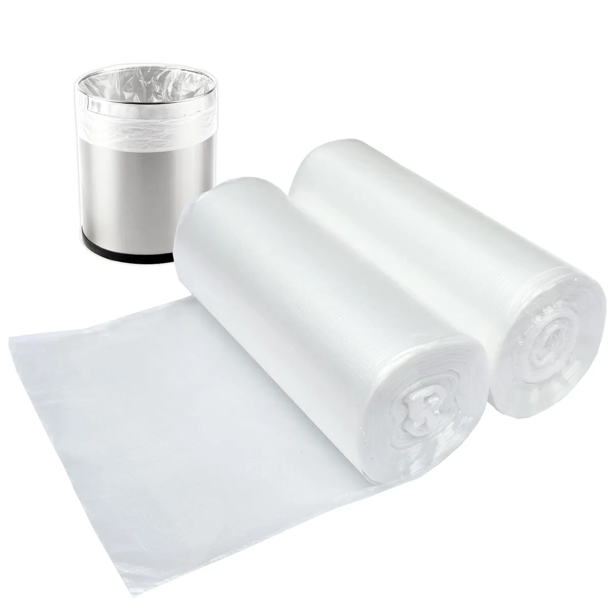 Clear polyethylene trash bags on two rolls, 100 count, 7.5 litre capacity