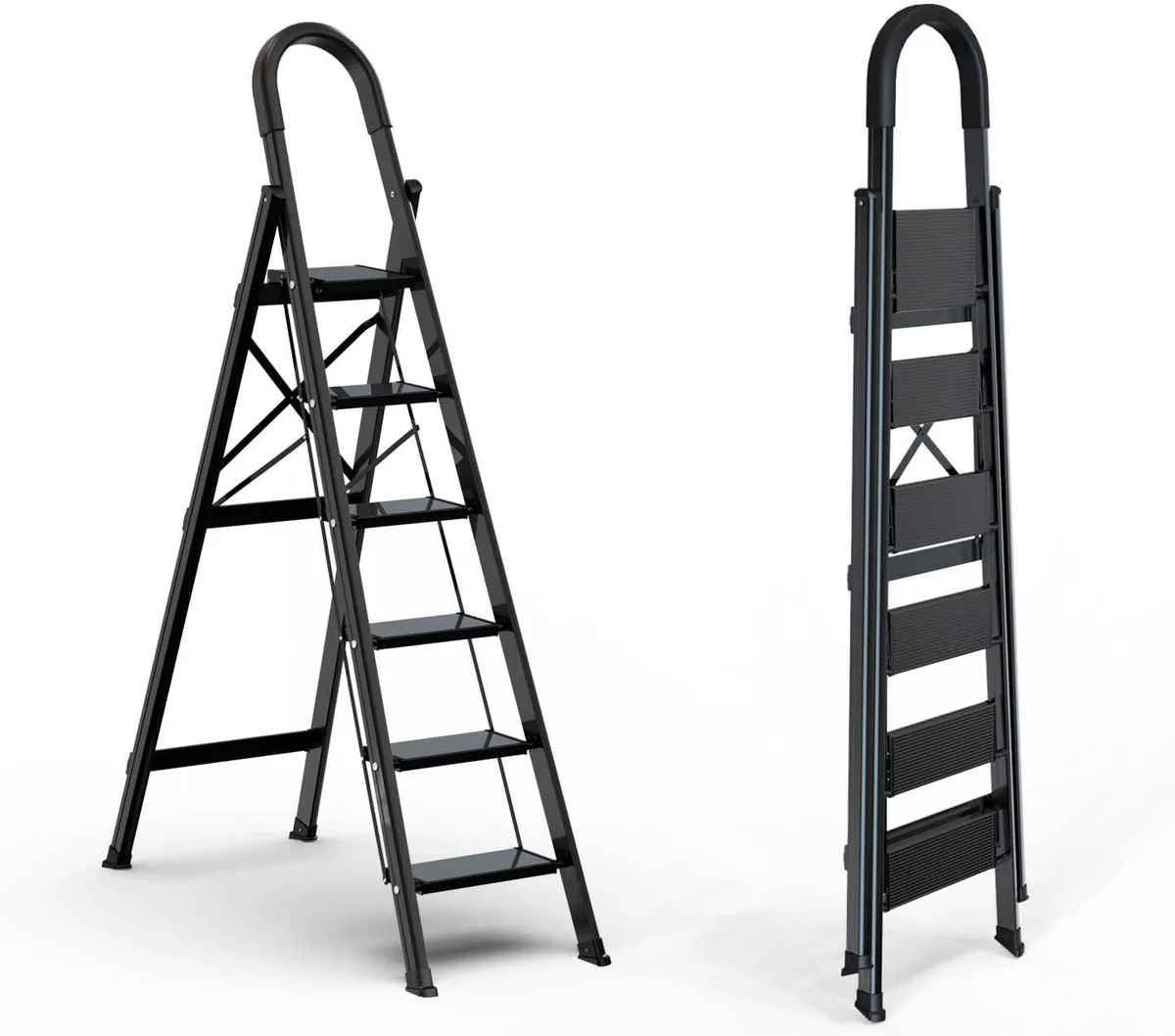 Black aluminium six-step folding ladder, slim profile when closed