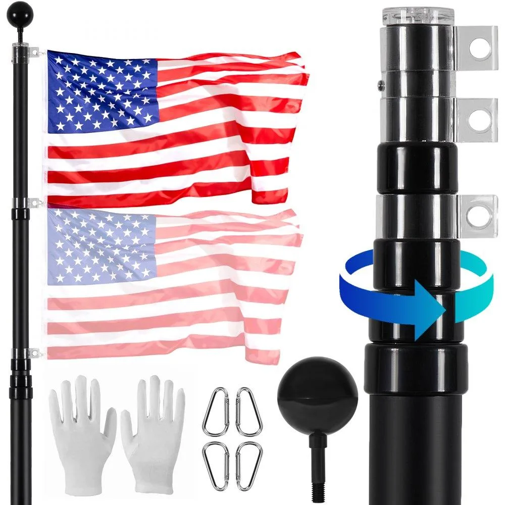 Black aluminium telescoping flagpole kit with gold finial and American flag