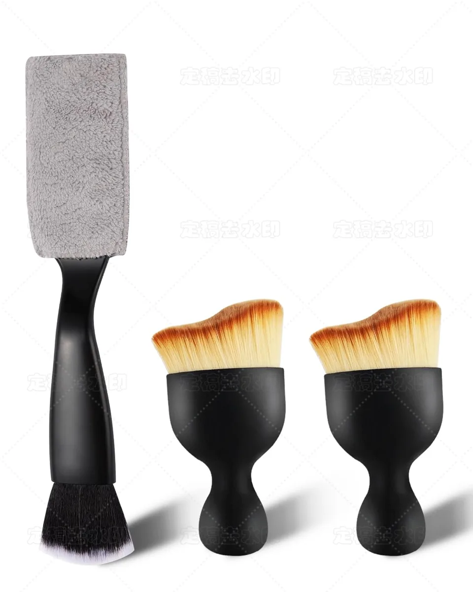 Three-piece car interior cleaning kit with curved brushes and dual-head duster