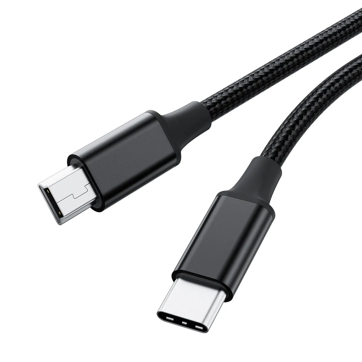 Black braided USB-C to Mini-B cable, 1.5 m long