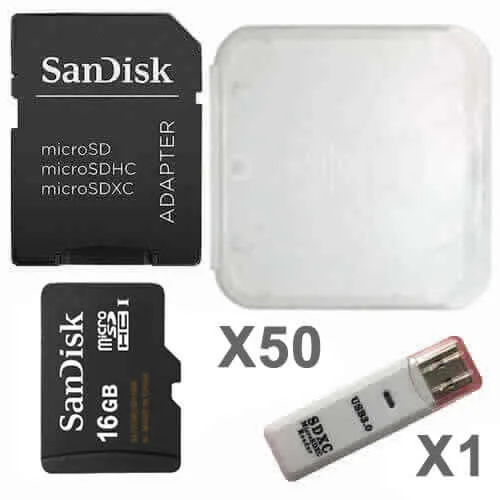 SanDisk SanDisk 16GB microSDHC Class 4 50-pack with adapters and USB reader — product photo