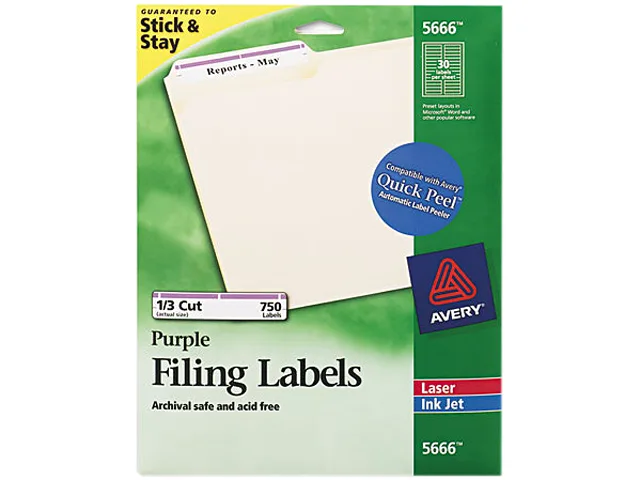 A box of 750 Avery 5666 file folder labels with purple borders