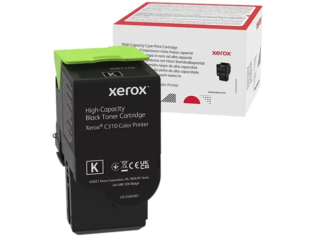 Rectangular black toner cartridge with green accents and white label