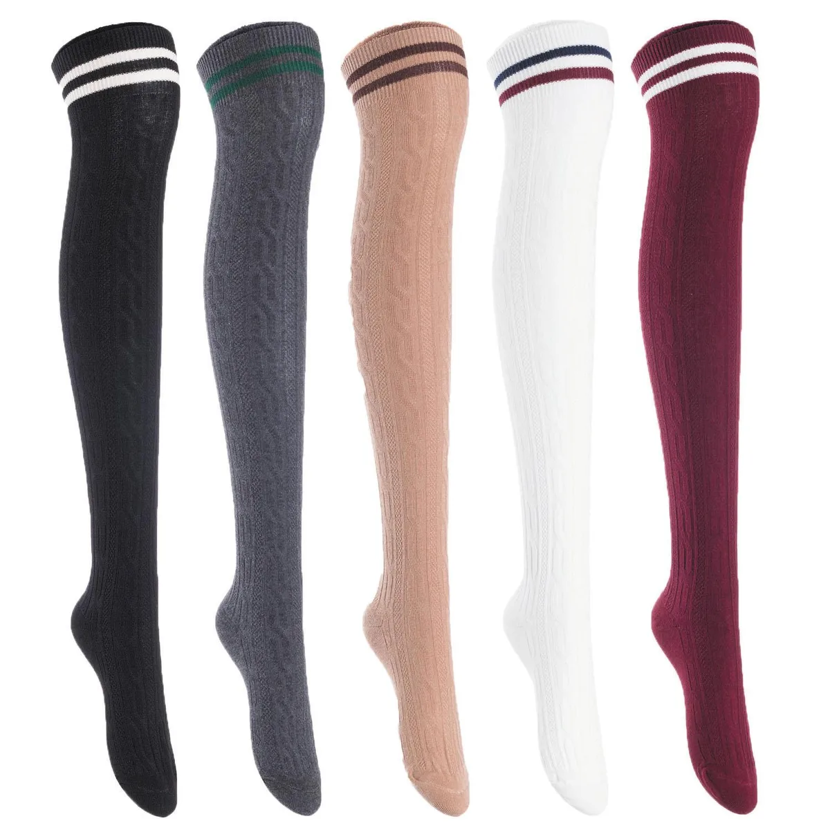 Five pairs of thigh-high cotton socks in black, dark green, khaki, white and wine