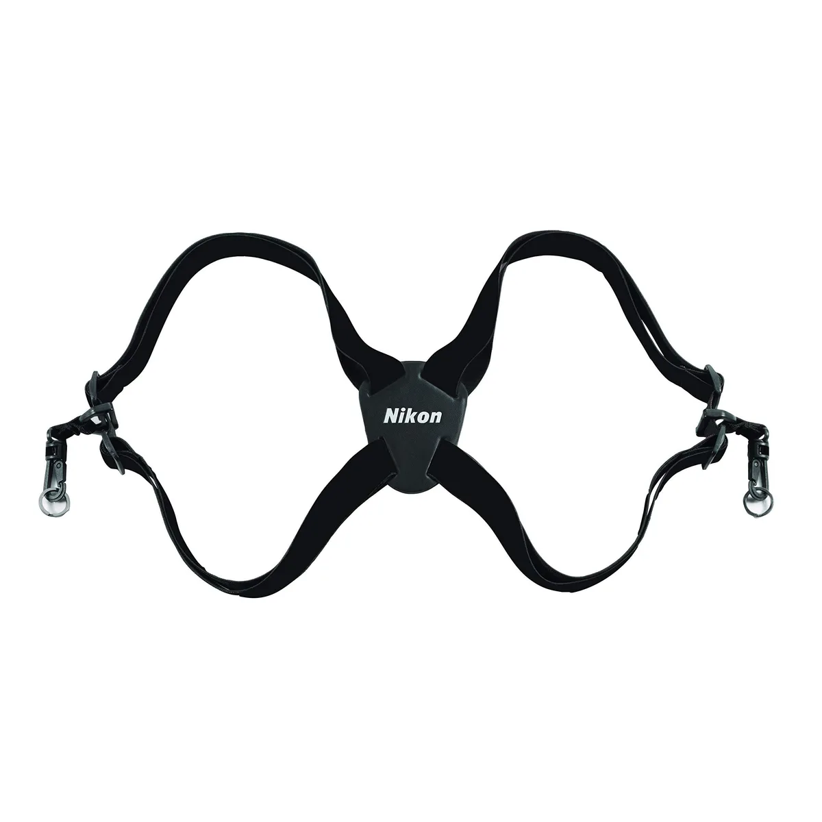Black lightweight binocular harness with elastic shoulder straps and quick-release connectors