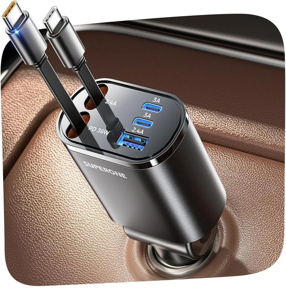 Hamzan Hamzan 5-in-1 Retractable Car Charger 90W Dual Type-C Cables Black — product photo