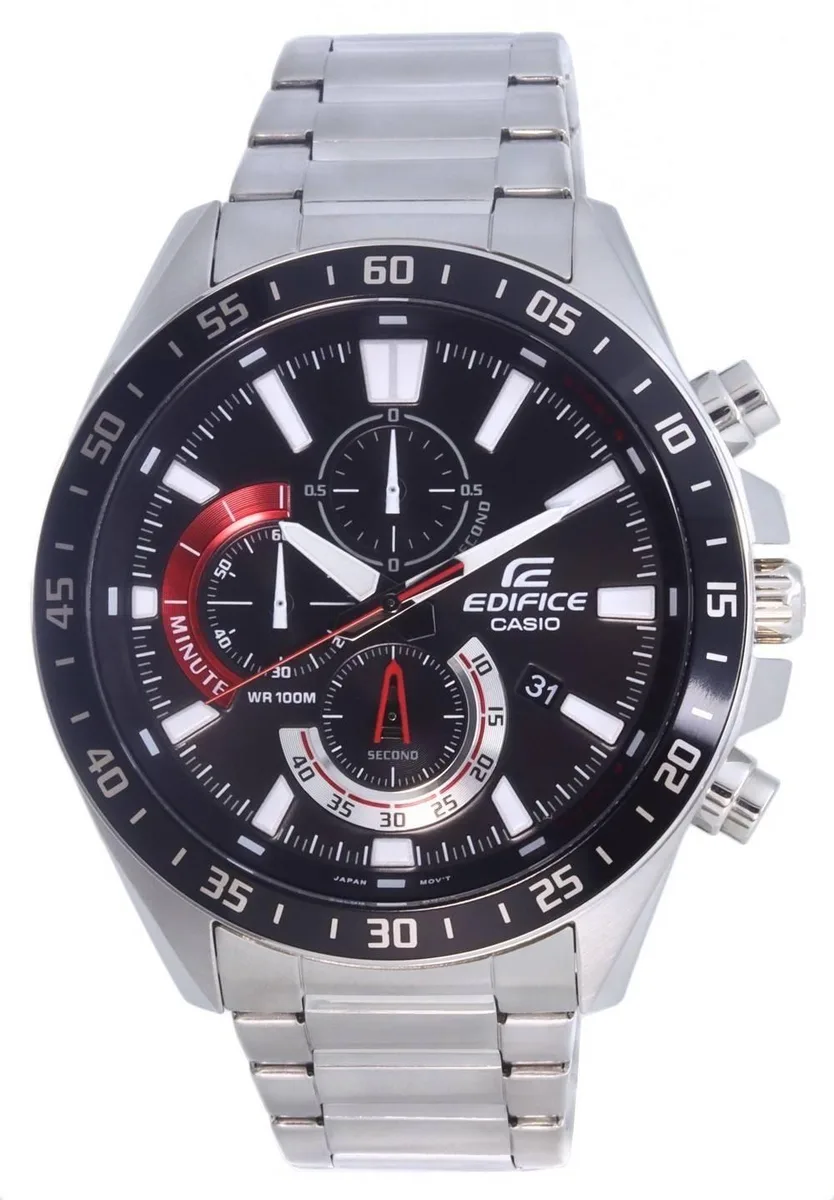 Silver stainless steel chronograph watch with black dial and three sub-dials