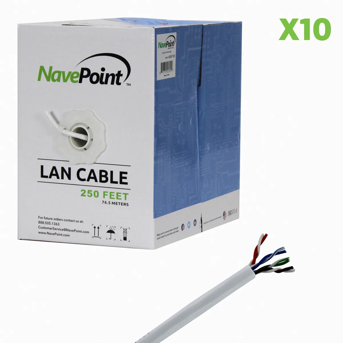 NavePoint NavePoint CAT5e UTP CCA Ethernet bulk cable 10-pack 250 ft White — product photo