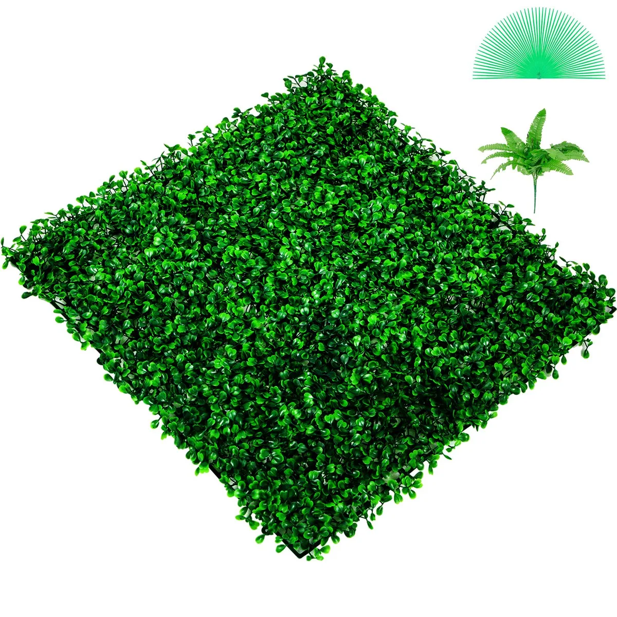Six green boxwood hedge panels, each 20 by 20 inches, 1.6 inches thick, interlocking connectors visible