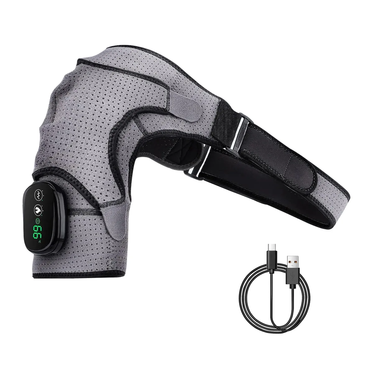 Black cordless shoulder heating pad with adjustable straps and side control button