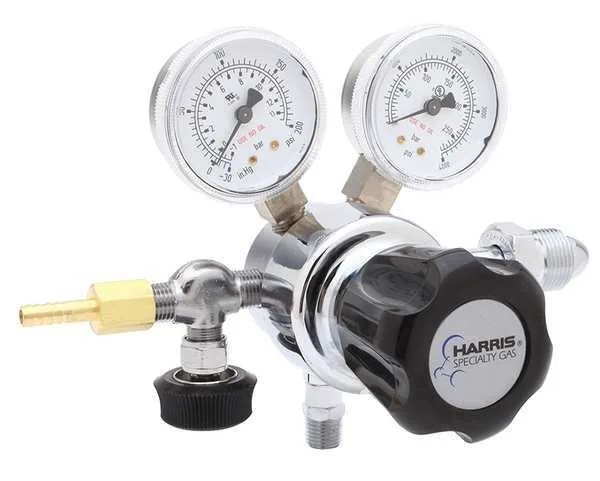 Chrome-plated brass medical air regulator with CGA-346 inlet, dual gauges and needle valve