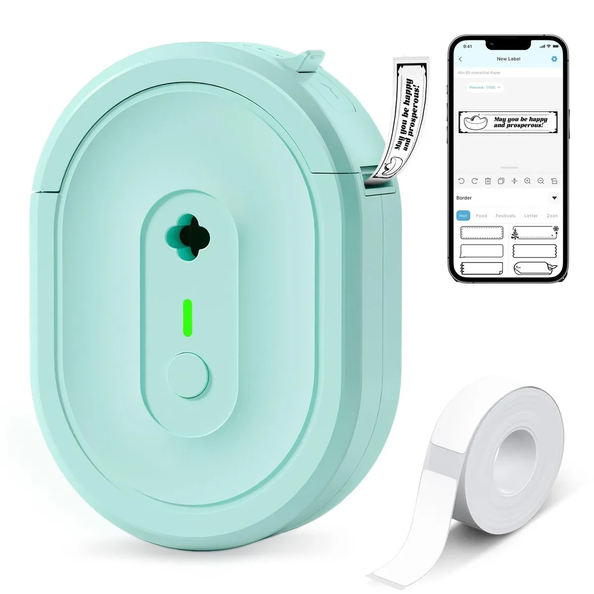 Compact green label printer with tape roll visible, rectangular shape, smooth matte finish
