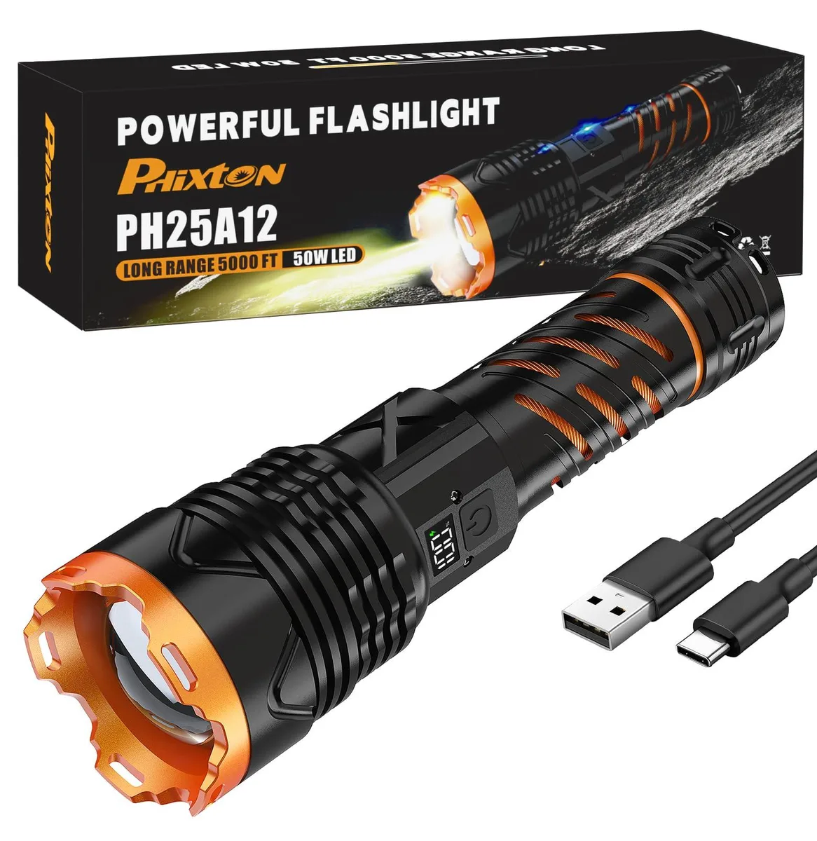 Cylindrical aluminium flashlight with USB-C port and LCD screen
