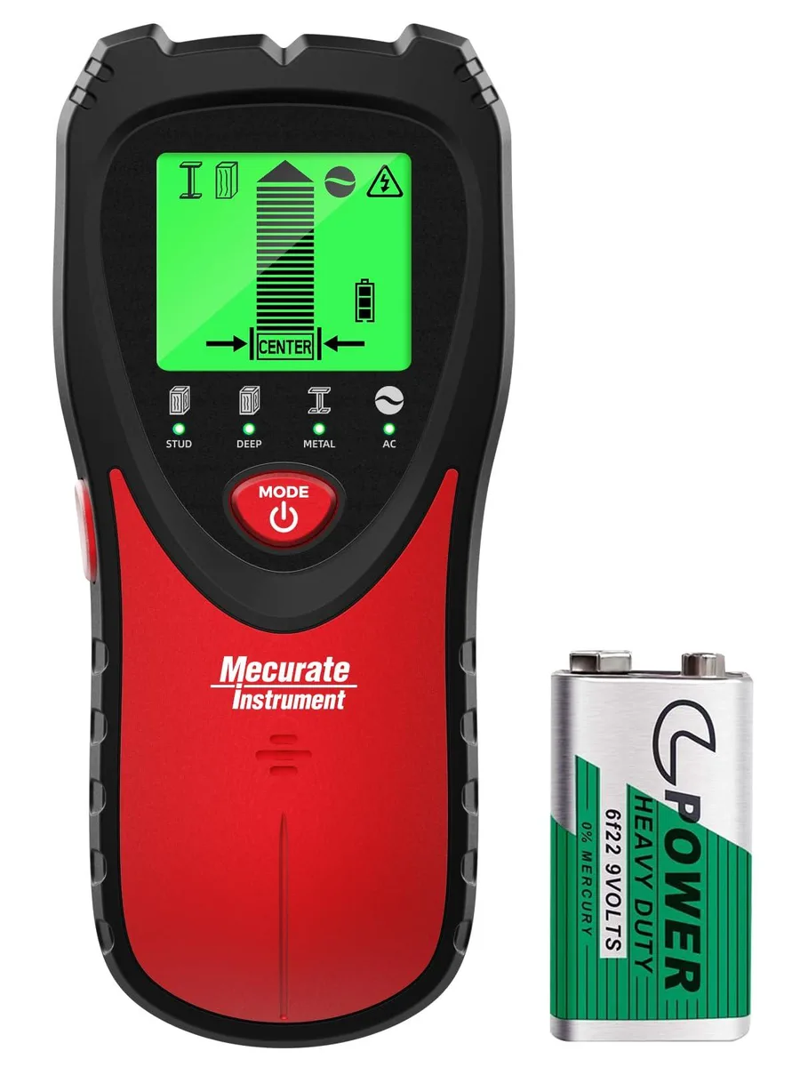 Red handheld stud finder with LCD screen and carrying case