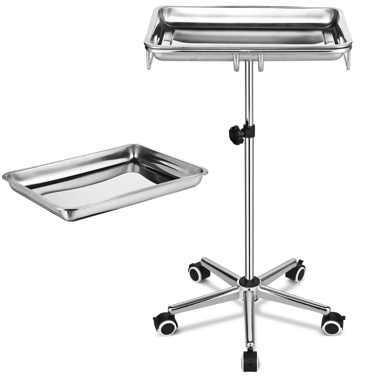 Yescom USA, Inc. Yescom USA, Inc. 38MYS001-RND5C-11.V1 Home Health Care Mayo Stand 2 Trays 19x13 31-48in 5 Casters 13Lbs — product photo