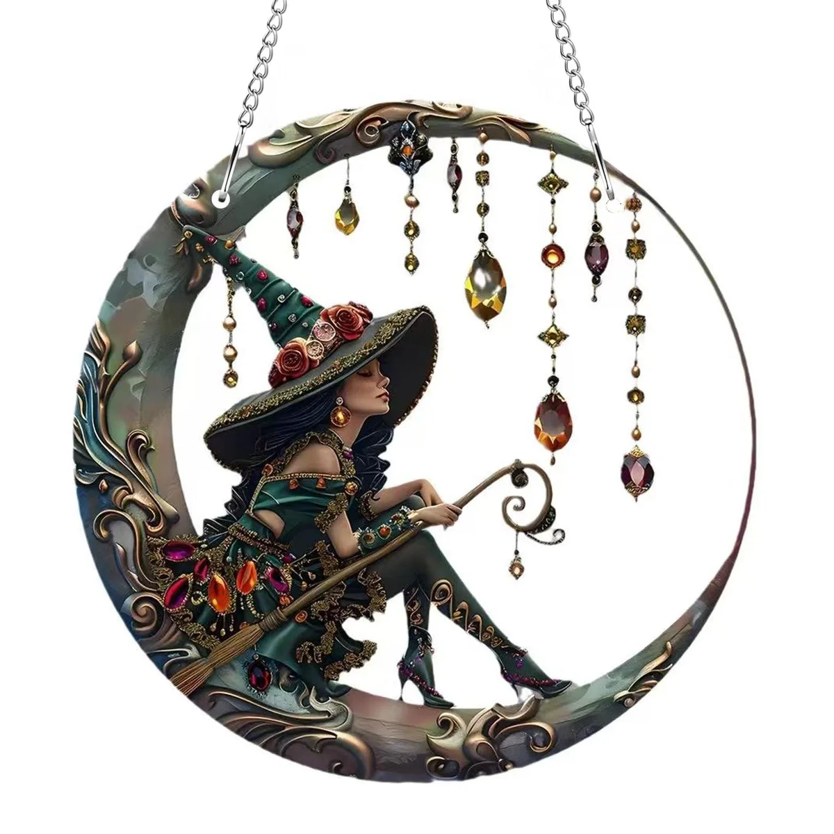 Blue acrylic witch suncatcher, 8 inch hanging ornament with metal chain and hook