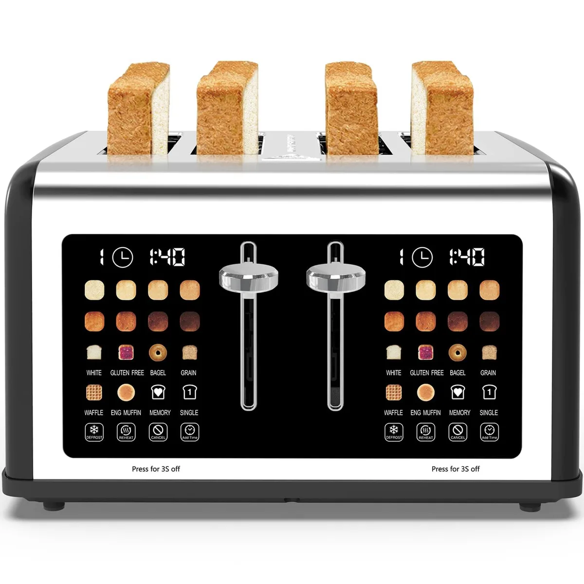 Purple four-slice toaster with dual touch screens and wide slots