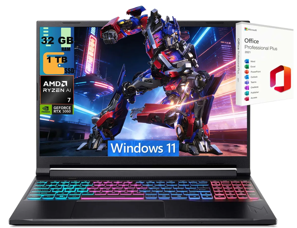 Acer America Acer Nitro V 16 gaming laptop Raider Black Ryzen AI 7 350 RTX 5060 32GB 1TB — product photo