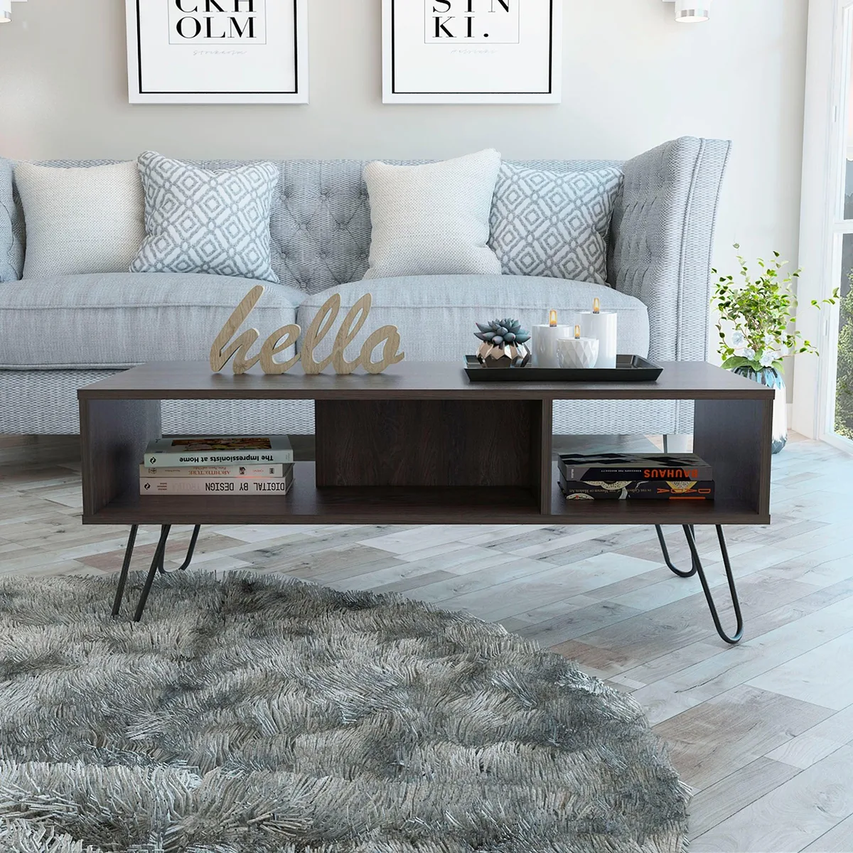 Espresso coffee table with metal round legs and two open shelves particle board finish