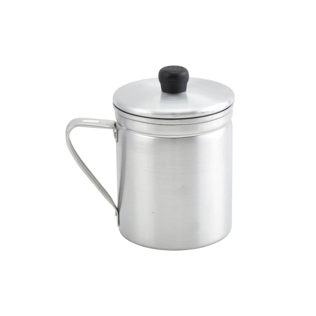 Silver aluminum grease dispenser with handle, lid and strainer