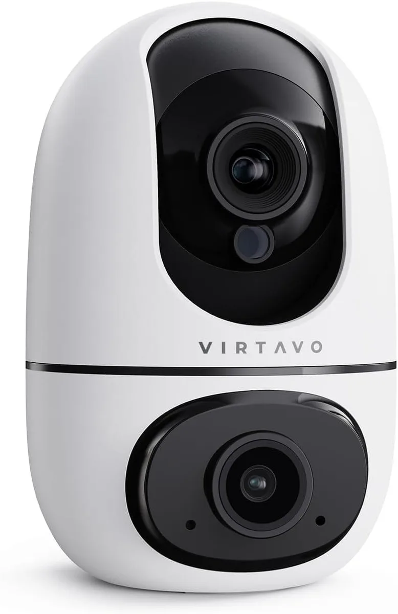 White indoor camera with two lenses and a pan-tilt base