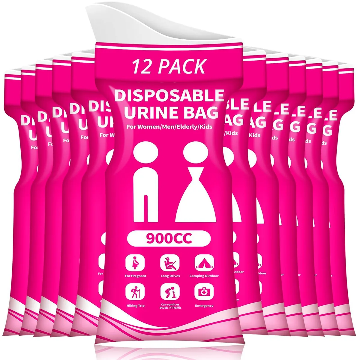 Twelve fuchsia disposable urine bags stacked together