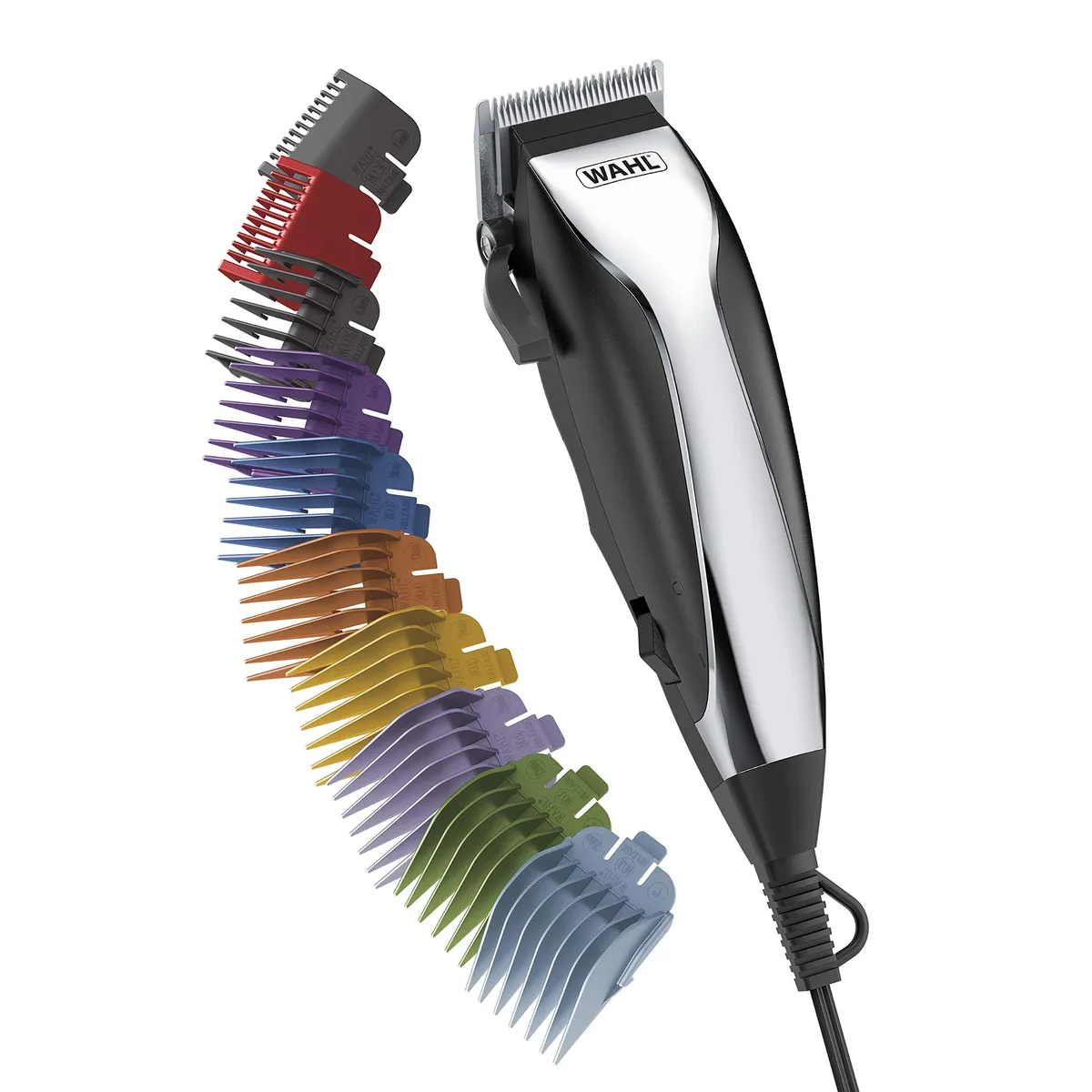 Silver corded hair clipper with adjustable taper lever, 12 color-coded guards, scissors, comb, oil, brush and storage case