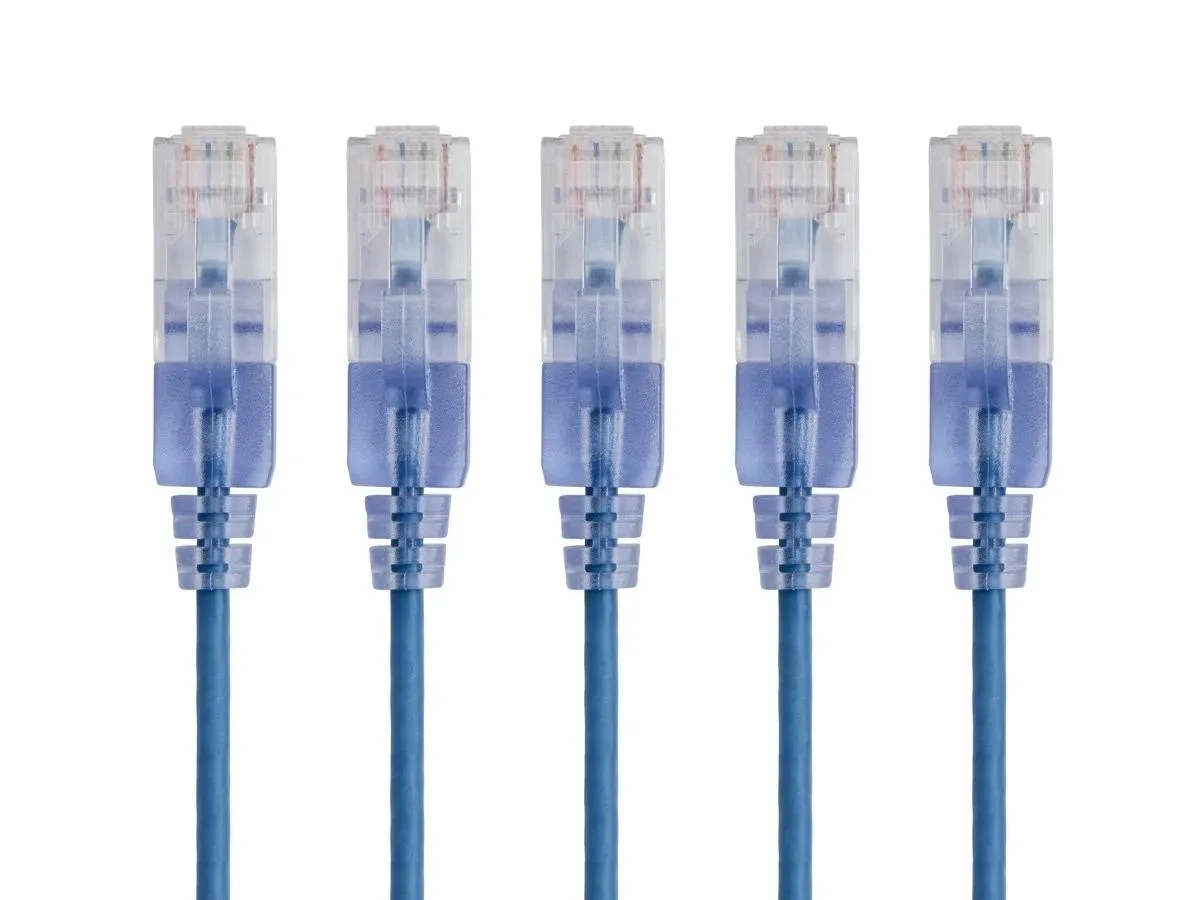 Monoprice Inc. Monoprice 129445 SlimRun Cat6A 30AWG 6in blue network ethernet cable 5-pack — product photo