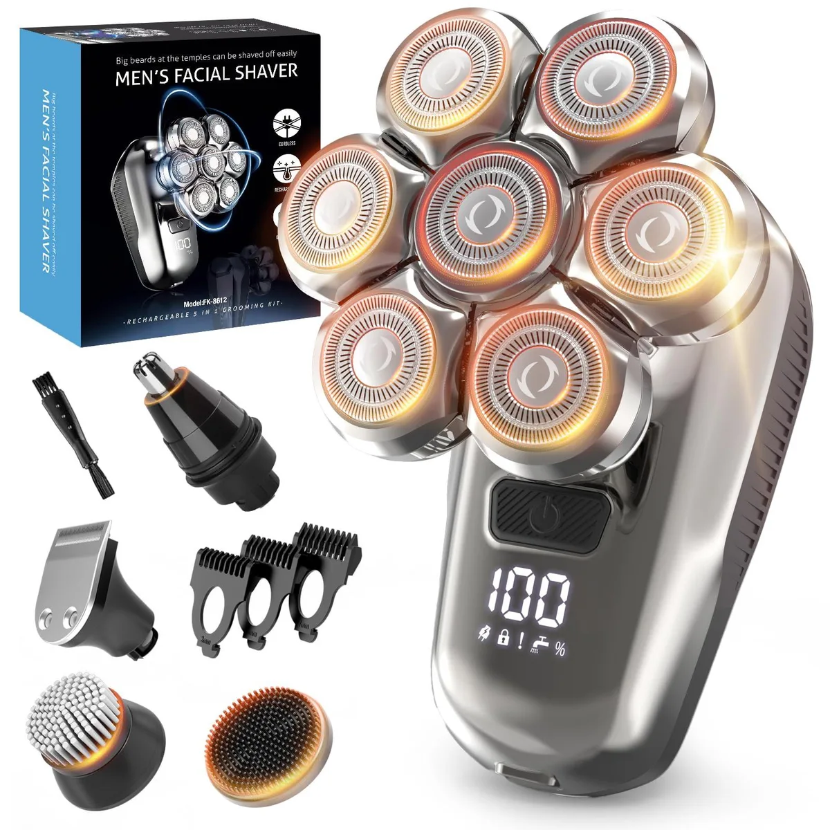 Silver rotary head shaver with seven floating heads and LED display