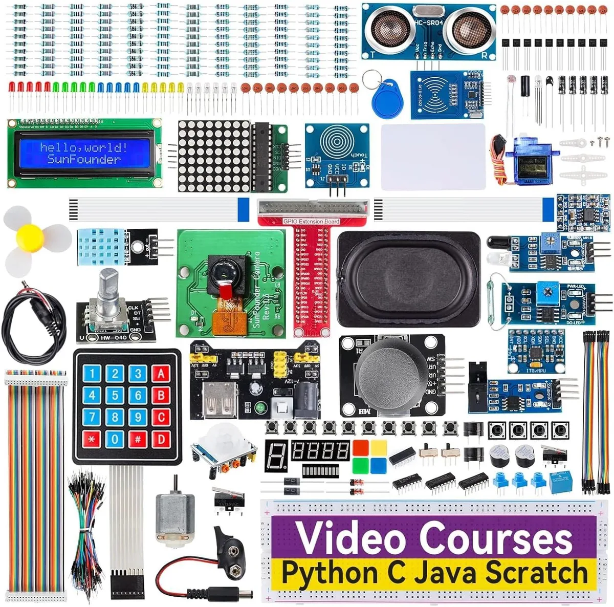 Cardboard box with colourful sleeve showing kit components and Raspberry Pi logo