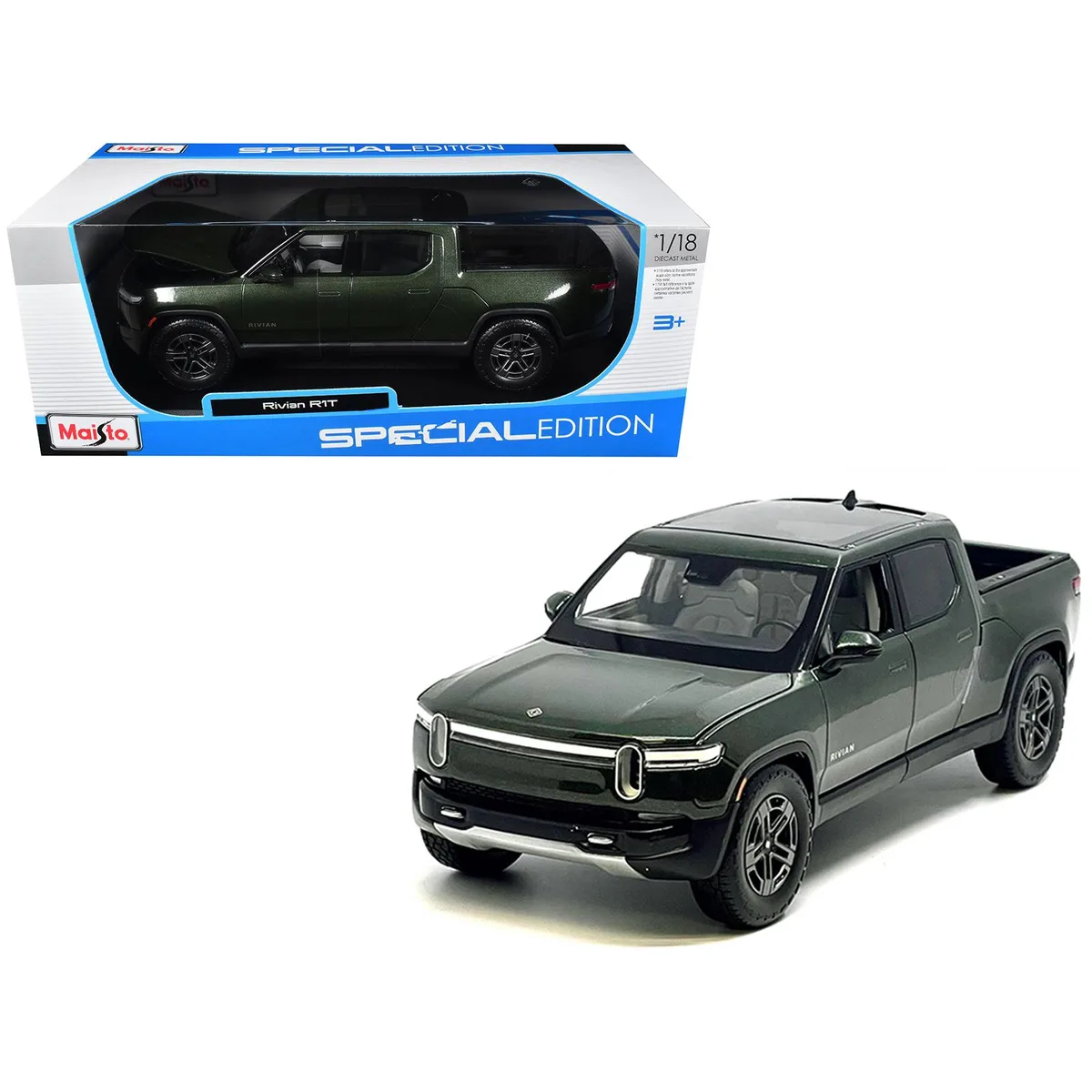 Maisto Maisto Rivian R1T Pickup Truck Dark Green Metallic Sunroof Special Edition 1/18 Diecast Hobby Collectible — product photo
