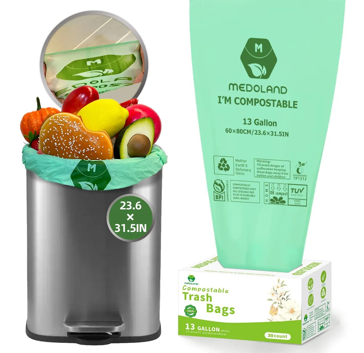 MEDOLAND 13 Gallon Compostable Trash Bags 30 Count 0.91 mils Green — product photo