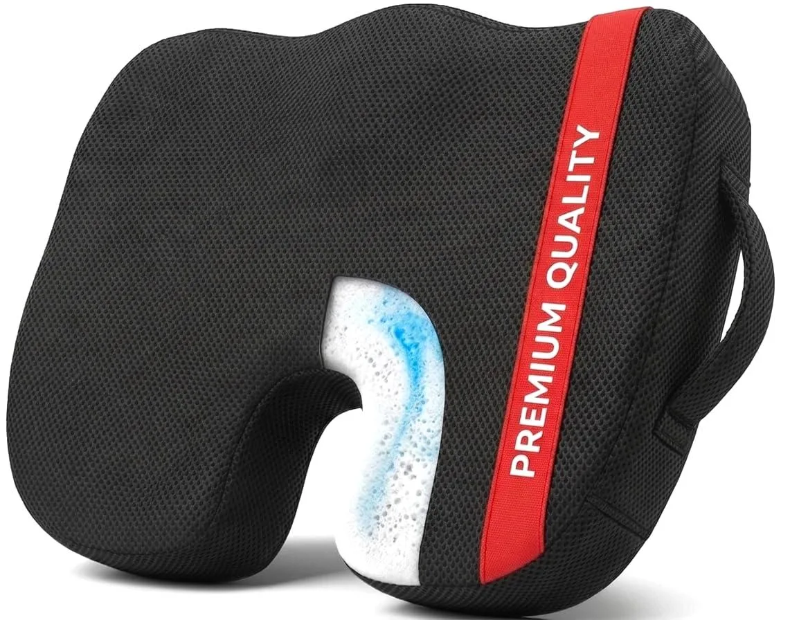 Black ergonomic U-shape memory foam seat cushion with breathable cover and non-slip base, small size, pack of 10