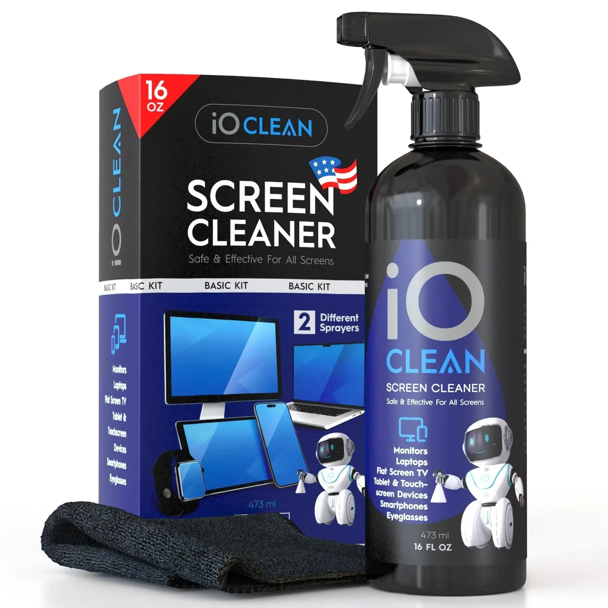 Blue 16oz screen cleaner spray bottle with microfiber cloth