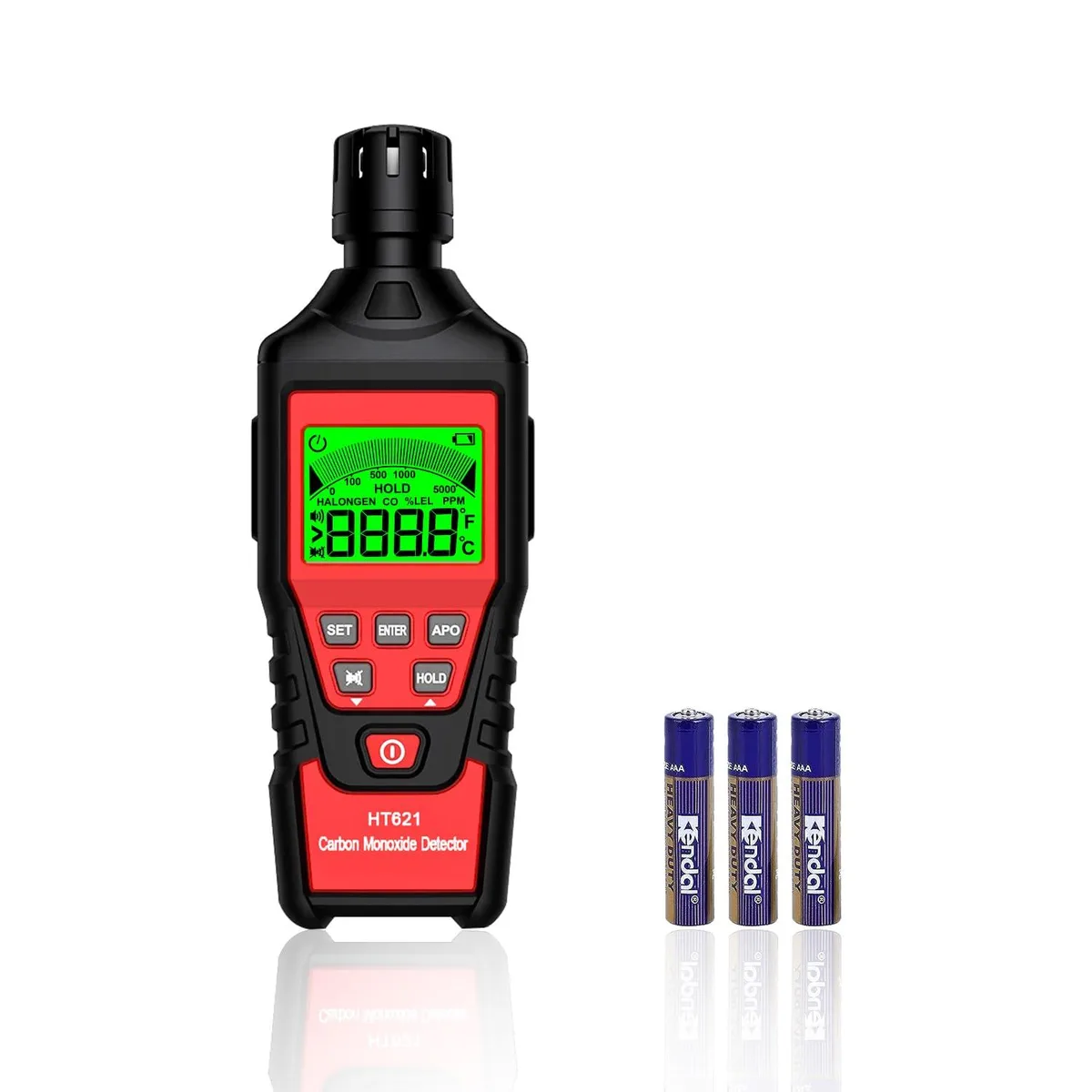 Compact yellow handheld CO detector with backlit LCD screen and alarm lights