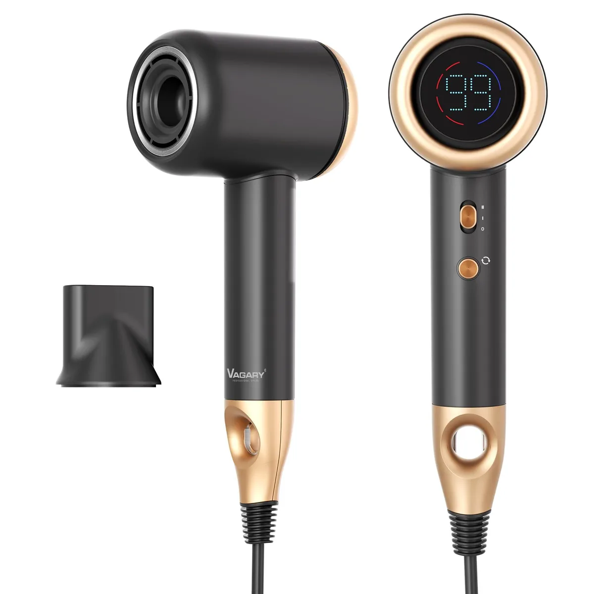 Gold ionic hair dryer with concentrator nozzle, 10 by 2.5 by 4 inches