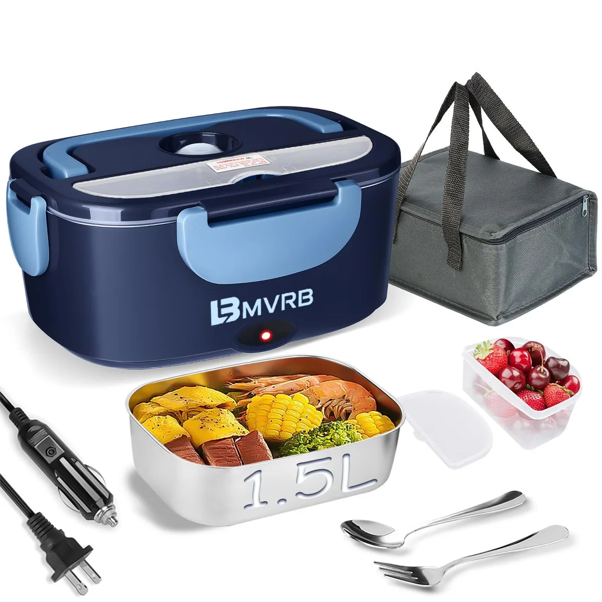 Blue electric food warmer with stainless steel container and plastic compartment
