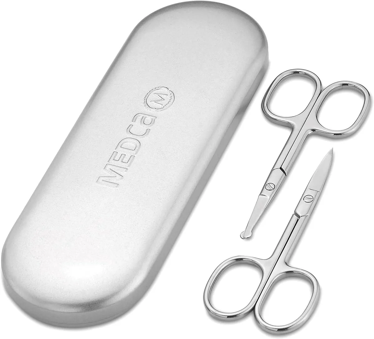 Two stainless-steel grooming scissors, one curved and one straight, with rounded tips, in a travel case