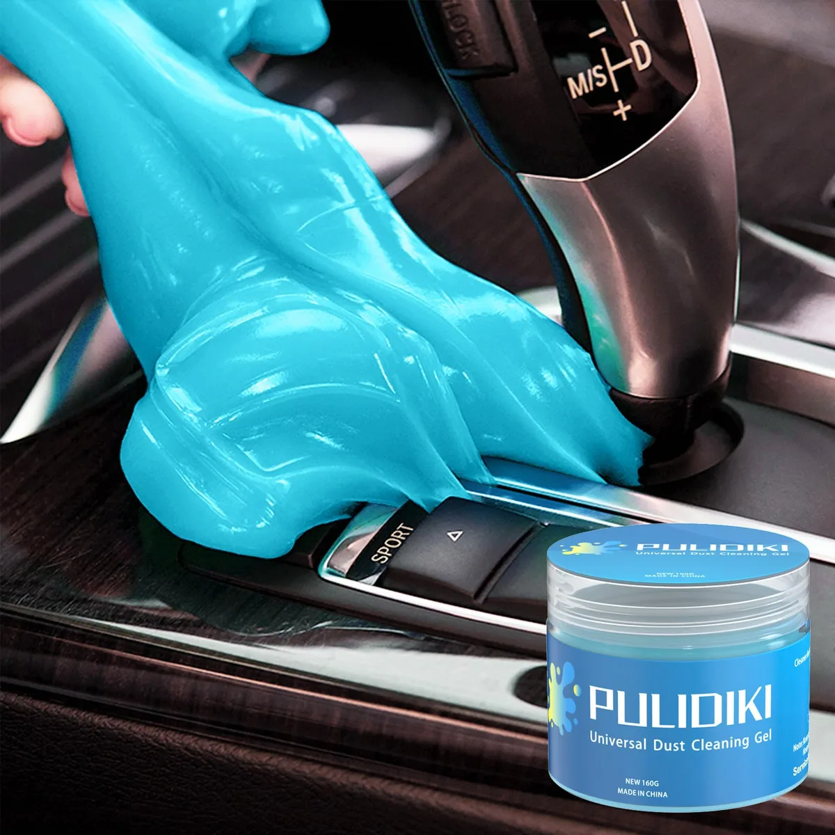 White reusable cleaning gel in a jar, soft putty-like texture for car interior detailing
