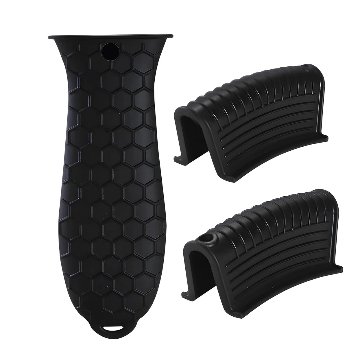 Three black silicone handle covers, one large and two small, with honeycomb texture and hanging holes