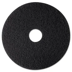 Five black circular floor pads in a carton, 12 inch diameter, green cleaning surface, new condition