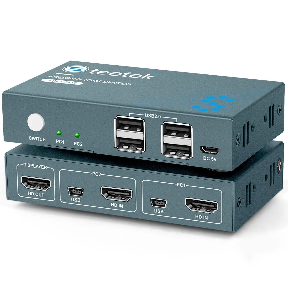 globalcrown globalcrown USB 2.0 KVM Switch 2 Port 4K@60Hz 4 USB 2.0 Hub Button Switch — product photo
